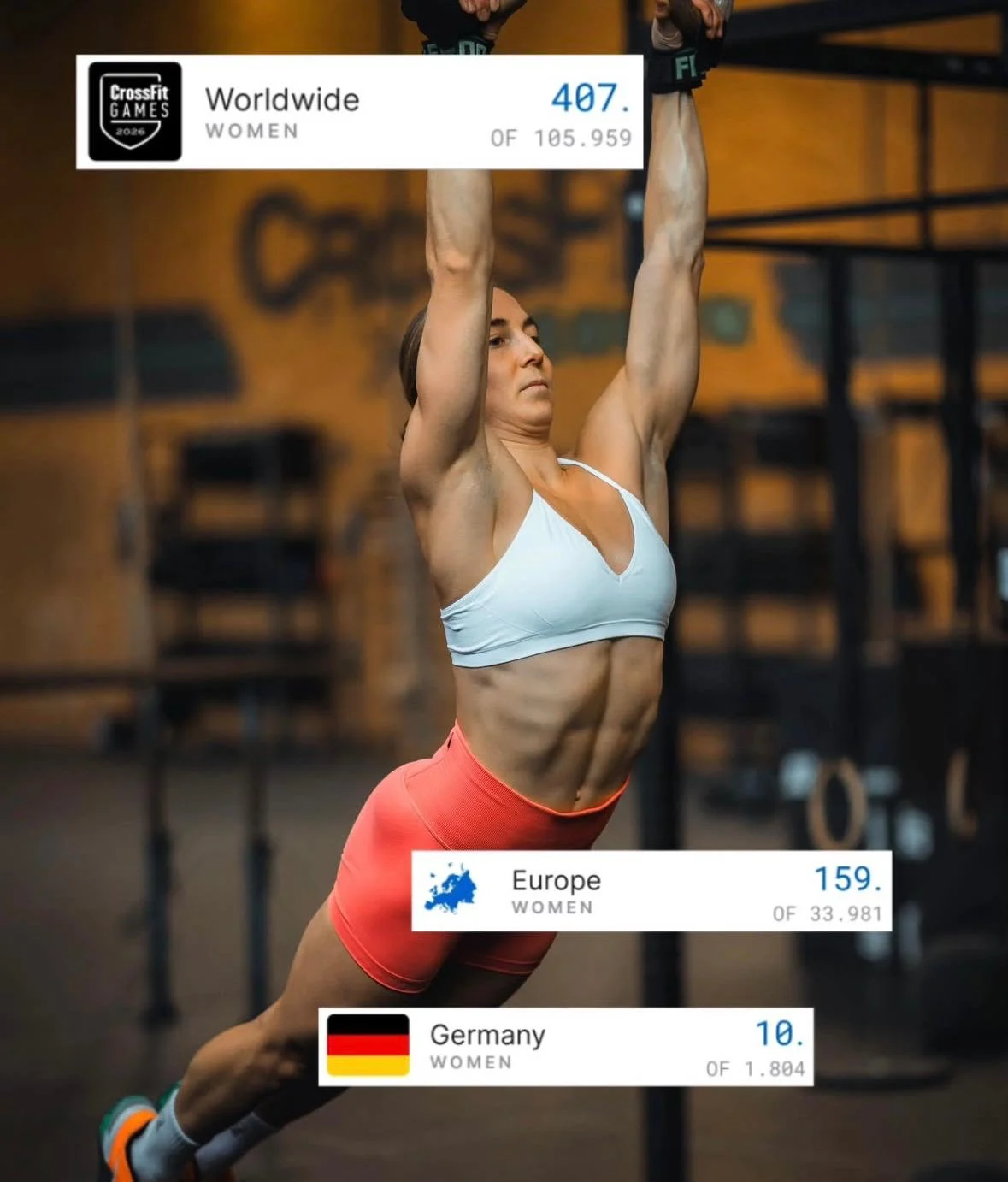 Charis bei einer hängenden Gymnastics-Bewegung im Training